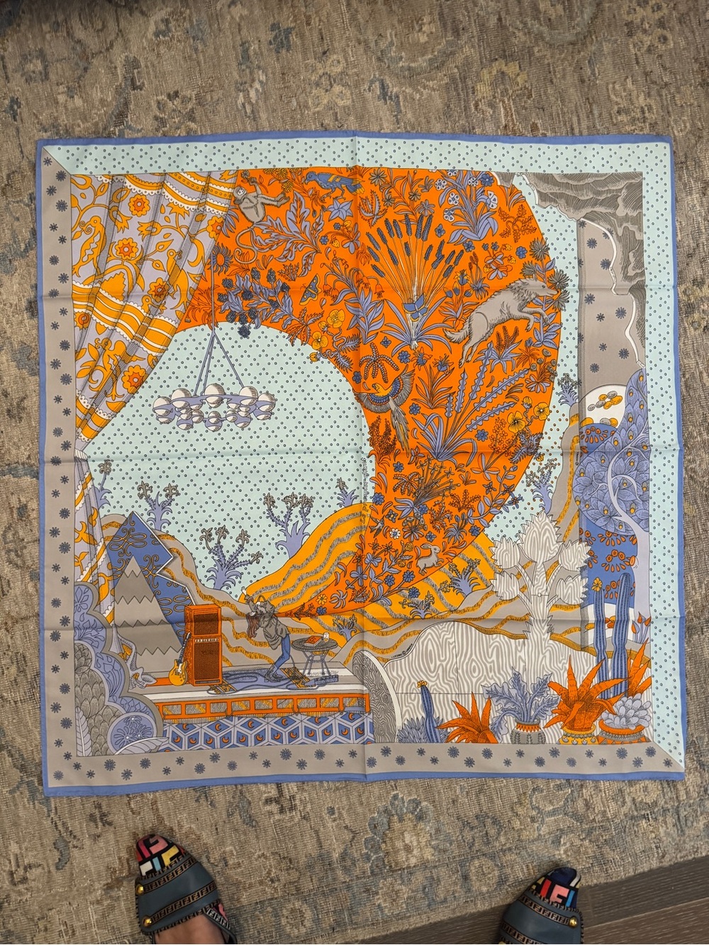 Luxury 90cm Silk Orange and Light Blue Scarf - Picture 6 of 6